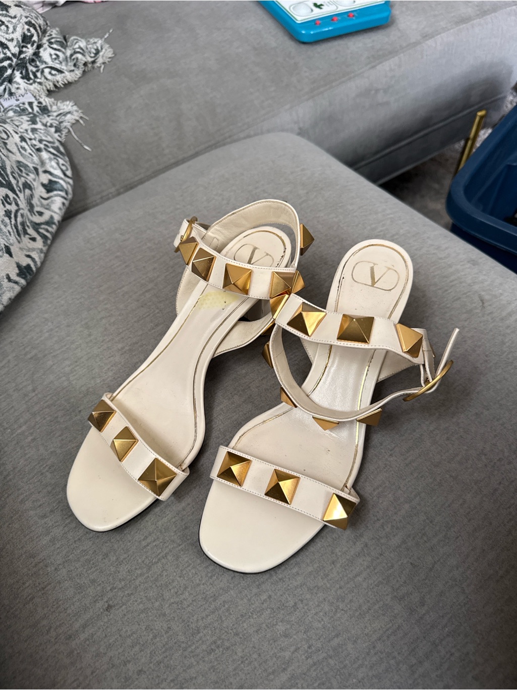 Valentino Ivory Leather Sandals With Gold Pyramid Studs